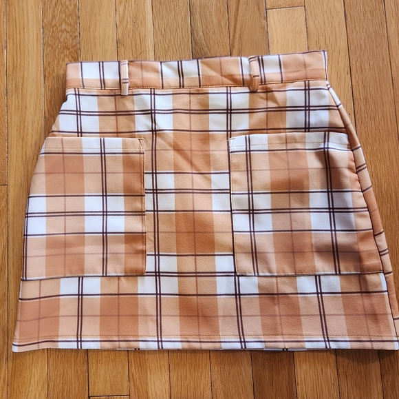 ASOS mustard yellow white plaid mini skirt belted 4P petite - Picture 3 of 8